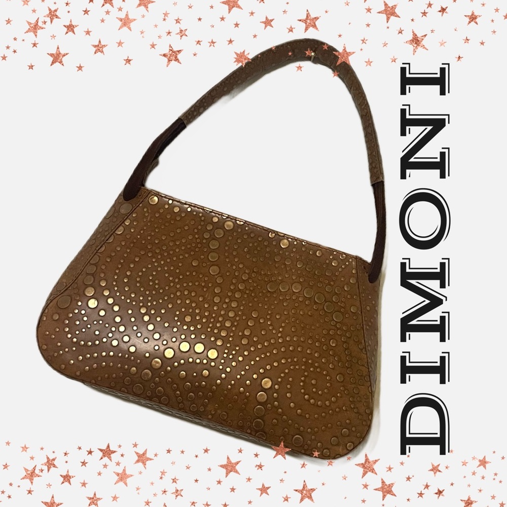 DIMONI Vintage Leather Tan Gold Polka Dot Shoulder Zip Purse Bag